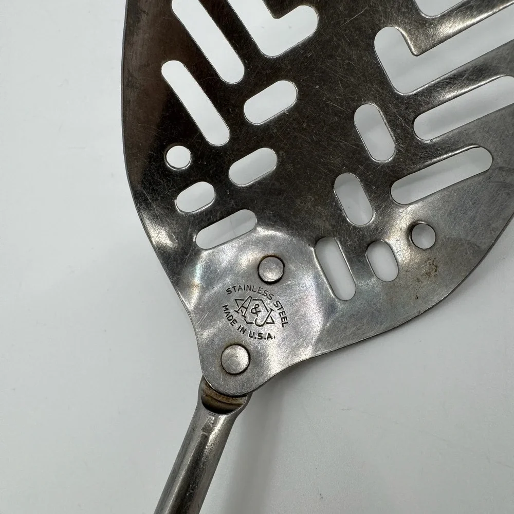 Vtg 50s A J Stainless Steel Slotted Serving Spoon Bakelite Handle Made In USA